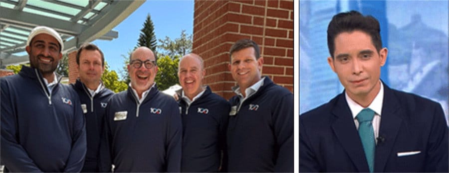 Five men wearing matching navy jackets smile outdoors by a brick wall, while another man in a suit and green tie sits indoors at a news desk on the right side of the image.