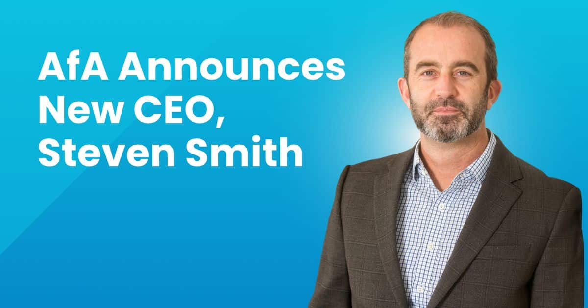 Text reads: “AfA Announces New CEO, Steven Smith,” next to a portrait of Steven Smith wearing a blazer and a patterned button-down shirt.